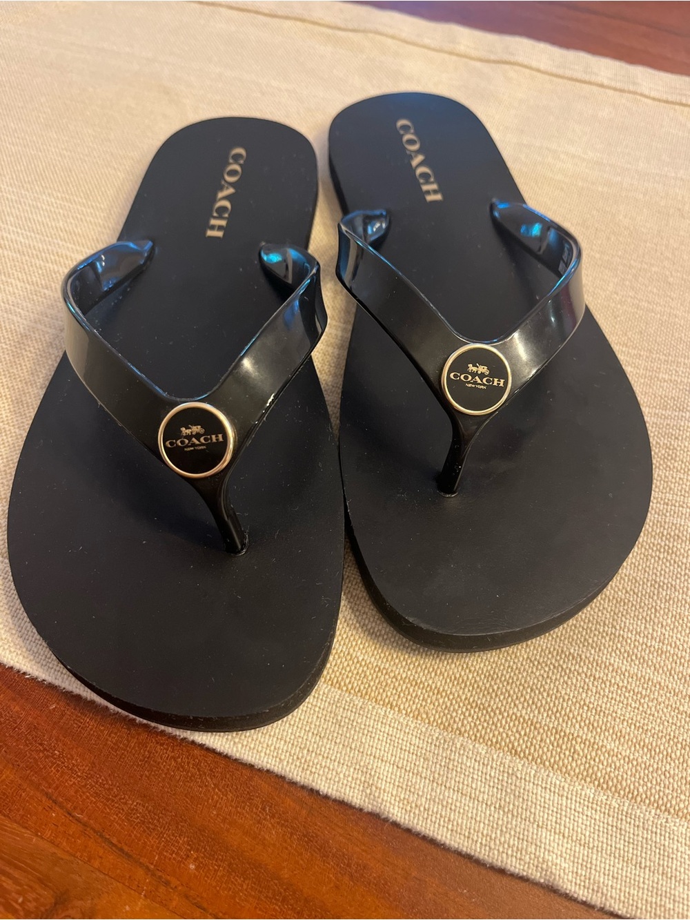 Coach Black Logo Medallion Flip Flop Sandals